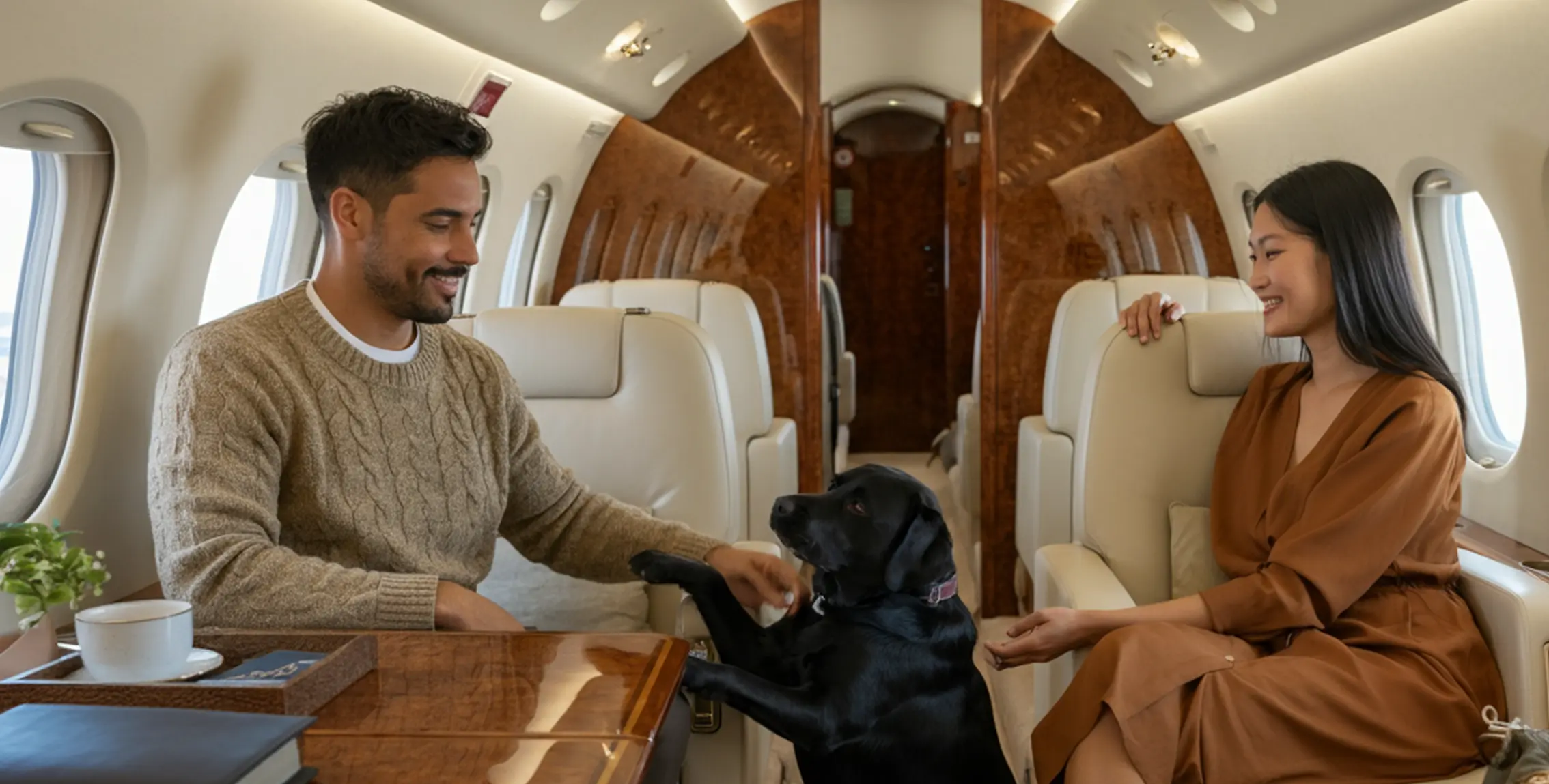 Couple travelling with a black Labrador inside a private jet cabin, illustrating employee pet relocation