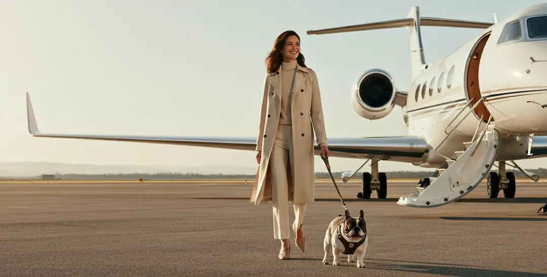 Woman walking her French bulldog on the tarmac beside a private jet, ready for pet-friendly private charter